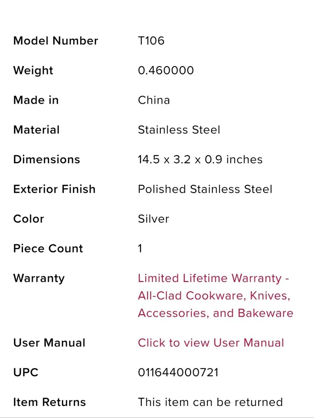 All-Clad Stainless Steel Small Turner